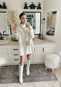 White Dress With Knee High Boots, Outfit To Get Engaged In, Winter White Cowboy Boots Outfit, Ivory Cowboy Boots Outfit, Fall White Outfit, Sweater Dress And Cowboy Boots, White Boots Outfit Dress, Winter White Dress Outfit, White Boots Fall Outfit