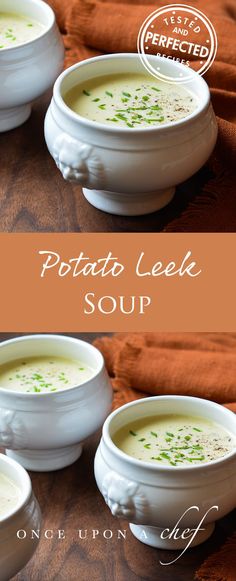 three white bowls filled with soup on top of a table