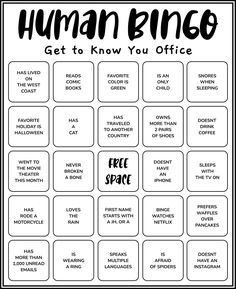 a black and white poster that says human bingo get to know you office free space