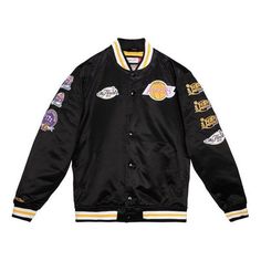 Mitchell & Ness NBA Los Angeles Lakers Champ City Satin Jacket 'Black' OJBF3232-LALYYPPPBLCK Black Throwback Varsity Jacket For College, Throwback Black Varsity Jacket For Sports, Black Throwback Outerwear For College, Black Throwback Winter Outerwear, Black Winter Vintage Outerwear, Nba Jacket, Varsity Letterman Jackets, Satin Jacket, Vintage Jerseys