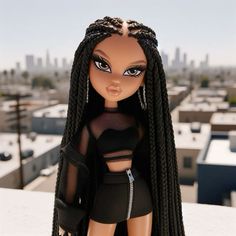 a doll with long braids standing on top of a roof in front of a cityscape