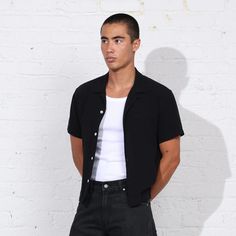 The Rosewood Crop Button-Up (Short Sleeve) – Pool House New York Black Button Up Men, Panther Black, Gym Tees, Broad Shoulders, Dad Jeans, Jeans Button, Gym Shirts, Ivory White, Black Button