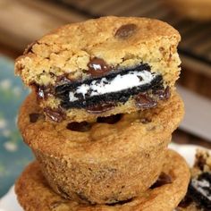 chocolate chip cookies stacked on top of each other