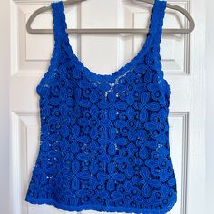 Brand New! Really Pretty Cobalt Blue. Gorgeous Crochet/Lace Detail. Zipper In Back. Size M. Perfect For Under A Blazer Or Worn Alone. Blue Crochet Lace Top, Blue Lace Crochet Top, Blue Lace Crochet Top For Summer, Blue Lace Sleeveless Tops, Sleeveless Blue Lace Tops, Chic Fitted Blue Crochet Top, Summer Sleeveless Blue Crochet Top, Gorgeous Crochet, Blue Lace