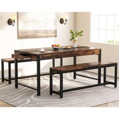 Tribesigns 63 Inch Large Dining Table Set for 4 to 6, Kitchen Breakfast Table with 2 Benches and Sided Drawer Image 1 Kitchen Breakfast Table, Vintage Table Setting, Industrial Dining Table, Dining Set With Bench, Industrial Bar, Large Dining Table, Room Seating, Dining Table Set