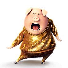 a cartoon pig wearing gold clothes with its mouth open and tongue out, standing in front of a white background