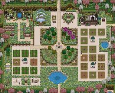 an aerial view of a garden with lots of trees and flowers in the middle of it