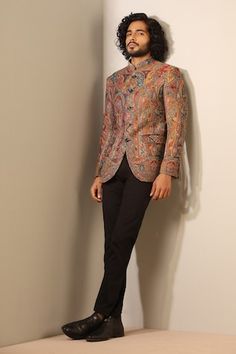 Multicolor full sleeve bandhgala with bloom, paisley woven motifs and mandarin collared neckline. - Aza Fashions Transitional Season Multicolor Fitted Bandhgala, Fall Festive Nehru Jacket, Fitted Bandhgala For Designer Wear In Fall, Bandhgala For Men, Full Sleeves, Mandarin Collar, Aza Fashion, Full Sleeve, Types Of Sleeves