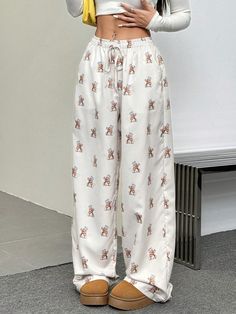 Women's Casual Drawstring Pockets Bear Print Loose Pants Beige Casual   Woven Fabric Animal,Plants,All Over Print Wide Leg Non-Stretch  Women Clothing, size features are:Bust: ,Length: ,Sleeve Length: White Bottoms With Pockets For Pajama Party, White Pajama Party Bottoms With Pockets, Fall Pants, Cute Lingerie, Loose Pants, Winter Boots Women, Womens Tie, Bear Print, Pantalon Large