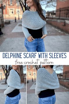 a woman wearing a gray sweater and jeans with the text, free crochet pattern