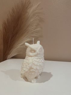 an owl figurine sitting on top of a table next to a brown feather