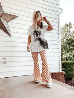 AMAZON STYLE! ✨  • To shop - linked in my LTK in bio   • Wearing an XL tee (sized up 2 sizes from normal) for an oversized look   • Wearing a medium in pants (fit true to size) Checkered Pants Outfit, Bell Bottom Pants Outfit, Band Tee Outfits, Bell Bottoms Outfit, Festival Outfit Inspiration, Vans Girl, Checkered Pants, Festival Pants, Outfit Inspo Casual