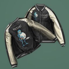 two jackets, one with an image of a man riding a horse and the other with a bird on it