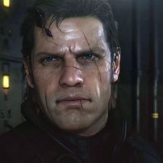 a close up of a person with dark hair and blue eyes in a sci - fi setting