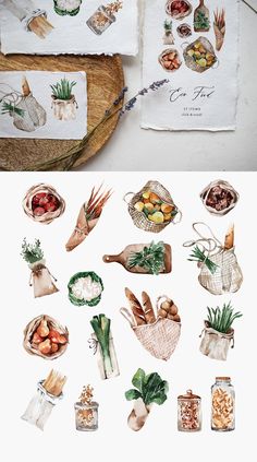 watercolor illustrations of fruits and vegetables on paper