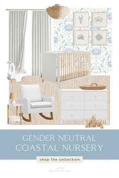 a baby's nursery with white furniture and blue wallpaper