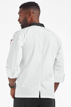 This chef coat keeps it simple with light fabric and easy double-breasted styling. Stand collar. ¾ sleeves with turnback cuffs. A center back vent for ease. You don’t fade when the heat is on – and neither will Chef Lightweight. Crisp blended fabric won’t weigh you down, stays cool and vibrant wash after wash • Classic fit • Stand collar • Double breasted • Button closure • Total of 2 pockets • 1 single-welt chest pocket • 1 thermometer pocket on left sleeve • ¾ sleeves with turnback cuffs • 2-p Professional Long Sleeve Outerwear With Welt Pockets, Professional Long Sleeve Solid Outerwear, Professional Solid Long Sleeve Outerwear, Professional Long Sleeve Outerwear With Double Button Closure, Professional White Long Sleeve Outerwear, White Professional Long Sleeve Outerwear, White 3/4 Sleeve Outerwear For Winter, Chef Coats, Chef Uniforms