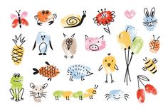 a bunch of animals that are painted in different colors and sizes on a white background