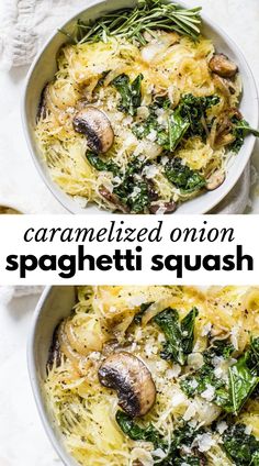 two white bowls filled with pasta and spinach