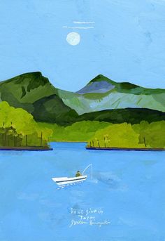 a painting of a boat in the water with mountains in the background and a full moon