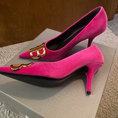 Balenciaga Pink Velvet Bb Pointed Toe Heels Size 37 - Never Worn, New With Box Pink And Black Balenciaga, Pink Velvet Pumps, Yellow Balenciaga Shoes, Black And Pink Balenciaga Shoes, Balenciaga Heels, Designer Pink Heels With 4-inch Heel, Pink Balenciaga, Gladiator Sandals Heels, Shoes Balenciaga