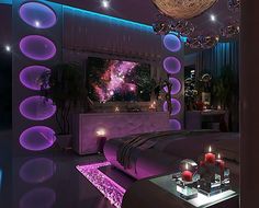 a living room filled with furniture and lots of purple lights on the wall above it