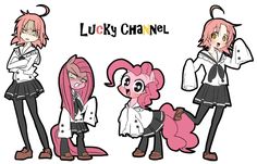 three cartoon characters with pink hair and black clothes, one is holding a poodle