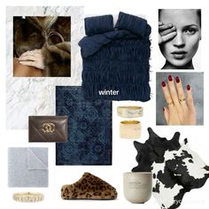 there is a collage with many different items in the image, including blankets, scarves and rings