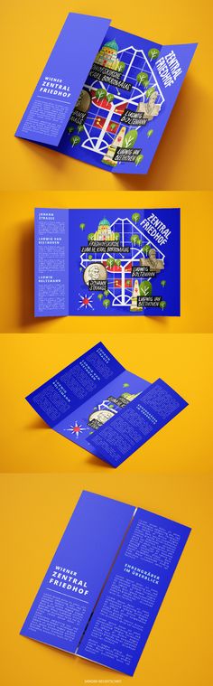 an open brochure is shown in blue and yellow colors, with the same color scheme