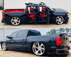 two pictures of the back and side of a black pickup truck with chrome rims