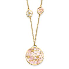 Add a touch of elegance to your outfit with our 14k yellow gold pink white mother of pearl flower necklace. This 16 inch .75 chain necklace is perfect for her or for baby children. The stunning pink mother of pearl flower pendant is a beautiful addition to any jewelry collection. This themed necklace is perfect for those who love flowers and gardening. Made with natural stone and shell, this necklace is a unique piece that will stand out. Don't miss out on this exquisite wood necklace that is sure to turn heads. Shop now for the perfect accessory for any occasion. Pink Flower-shaped Necklaces For Mother's Day, Fine Jewelry Pink Flower Pendant Necklace, Pink Flower Pendant Necklace In Fine Jewelry Style, Pink Flower Pendant Necklace Fine Jewelry, Luxury Pink Necklace With Pearl Pendant, Pink Mother Of Pearl Necklace For Gift, Elegant Pink Mother Of Pearl Necklace, Pearl Flower Necklace, Womens Ankle Bracelets