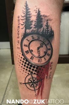 a man with a clock tattoo on his leg