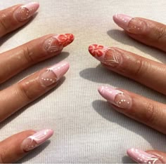 Baby pink nails with orange topical flower #summernails #aesthetic #trendysummeroutfits Cute Acrylic Nail Designs