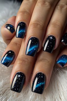 8 Beautiful Starry Night Nail Ideas for Summer - Wahyu Guritno's Blog Night Sky Nails, Night Nails, Star Nail Designs, Fingernail Art, Cat Eye Nails Polish, Nail Art Designs Images, August Nails, Teal Nails