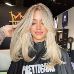 Mid Blonde Hairstyles, New Haircut Post Ideas, Blonde Mid Hair Length, Long Mid Length Hair With Layers, Blonde Hair Front Layers, Blonde Medium Hairstyles, Blonde Hair Root Shadow, Mid Blonde Hair, Mid Length Blonde Hair With Layers