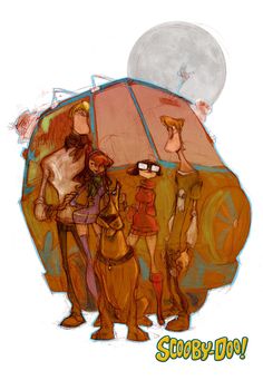 an image of some cartoon characters standing in front of a big tent with the moon behind them