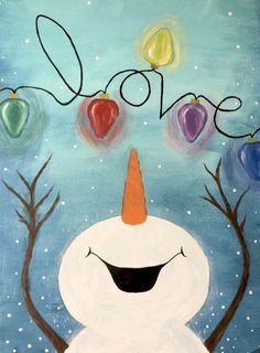 a painting of a snowman with christmas lights on his head