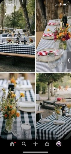 the table is set up with plates and flowers in vases on it for an outdoor dinner party