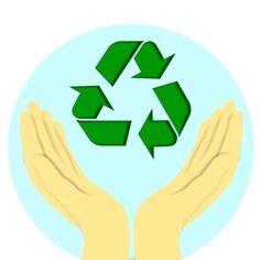 two hands holding green recyclables in front of a circular blue background