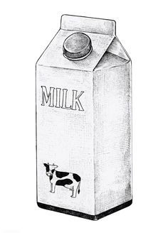 a black and white drawing of a milk carton with a cow drawn on it