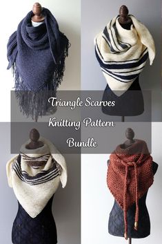 four different knitted scarves on display with the words triangle scarfs knitting pattern bundle