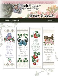 three cross stitch bookmarks with the words, butterflies and flowers on them are shown