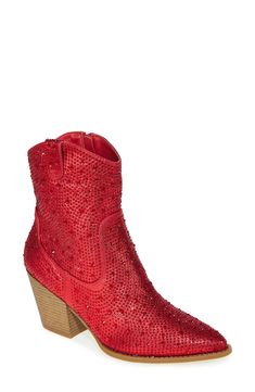 Put some pep in your step when you dance the night away in this Western-inspired boot that's covered in shimmering rhinestones. 3" heel 5 1/2" shaft Synthetic upper, lining and sole Imported Guy Shoes, Western Booties, Red Glitter, Naples, Boot Shoes Women, Mid Calf, Bootie, Nordstrom Rack, Knee High