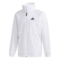 adidas White Jacket Adidas Sportswear For Sports Events, Functional Adidas Outerwear For Sports Events, Functional Sports Outerwear With Three Stripes, Functional Three Stripes Sports Outerwear, Sporty White Sport Coat, White Sporty Sport Coat, White Adidas Logo Functional Track Jacket, Adidas Functional Windbreaker With Logo, Adidas Track Jacket For Outdoor Activities