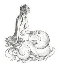 a pencil drawing of a mermaid sitting on top of a large snake with long hair