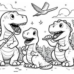 two dinosaurs and a bird in the sky with stars on them, one is eating