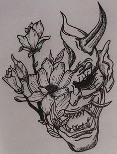 a drawing of a skull with flowers in it's mouth and horns on its head