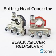 two different types of metal parts with the words battery head connector and black / silver red / silver