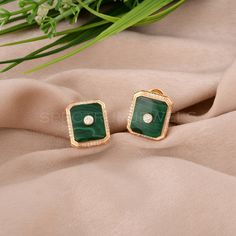 Malachite Gemsotne SI/H Diamond Octagon Stud Earrings 18k Yellow Gold 11.99 Tcw Malachite Stud Earrings, Oval Stud Earrings, Coral Gemstone, Diamond Stud, Natural Earth, Diamond Clarity, Diamond Earrings Studs, Stone Color, Anniversary Gifts