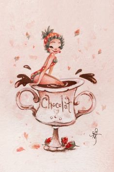 a painting of a woman sitting in a cup with the word chocolate written on it